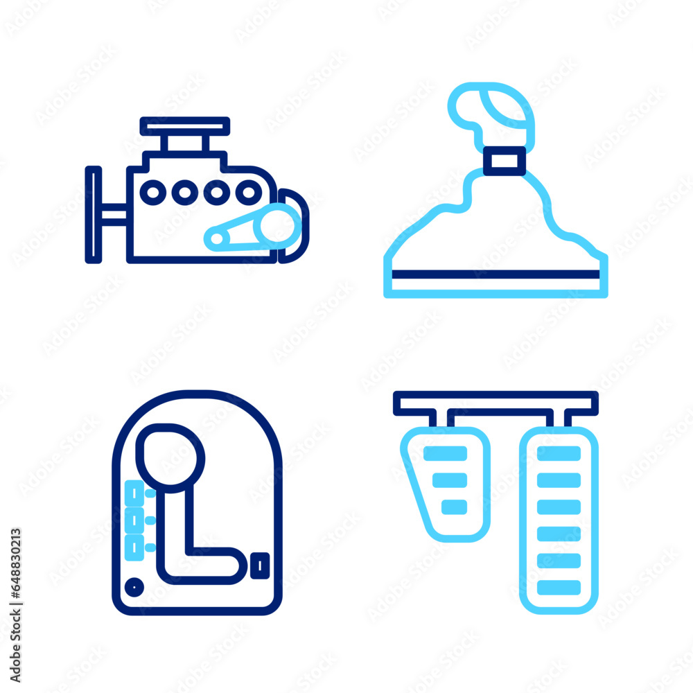 Set line Car gas and brake pedals, Gear shifter, and engine icon. Vector Set line Car gas and brake pedals, Gear shifter, and engine icon. Vector