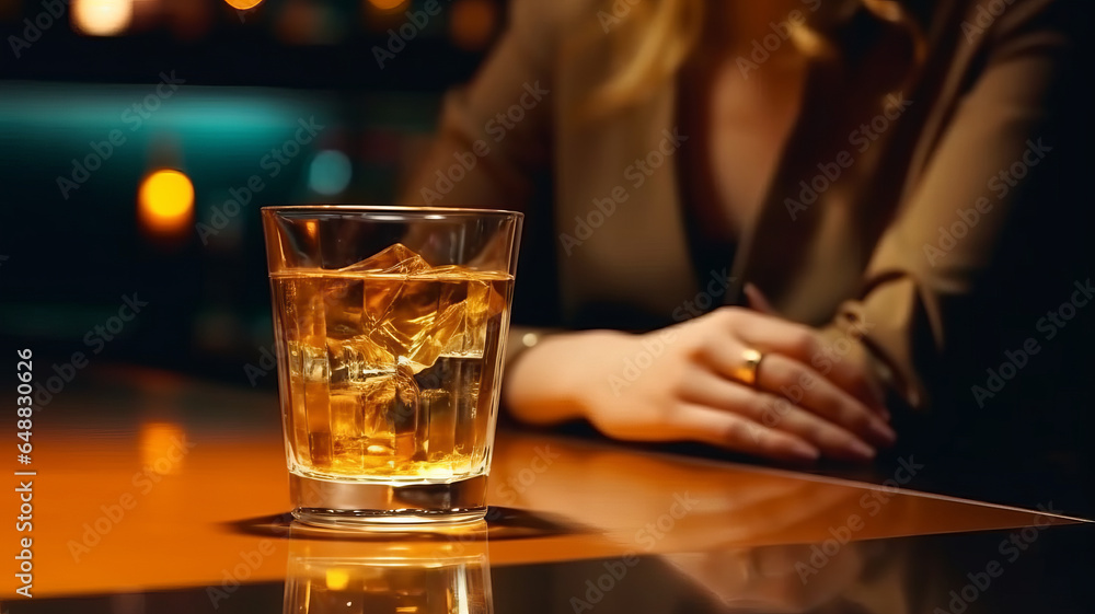 Young woman with glass of drink in bar. Alcoholism problem generative ai Young woman with glass of drink in bar. Alcoholism problem generative ai