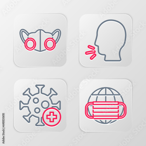 Set line Earth with medical mask, Positive virus, Man coughing and Medical protective icon. Vector