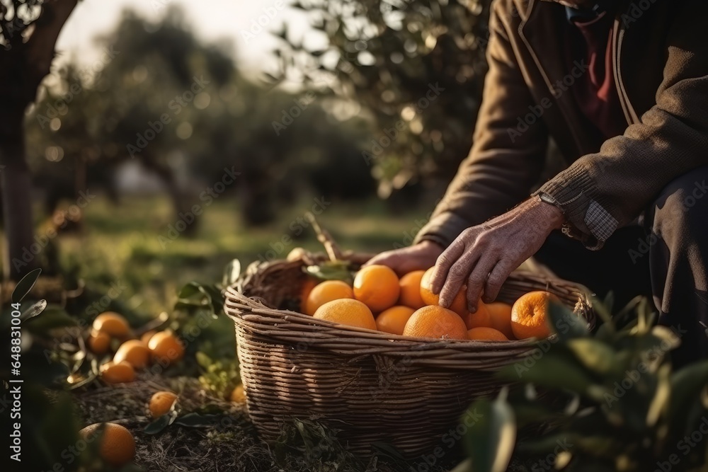 Young gardener harvesting the ripe orange fruit at orange trees on organic fruit farm, AI generated