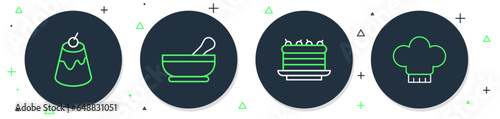 Set line Mortar and pestle, Cake, Pudding custard and Chef hat icon. Vector
