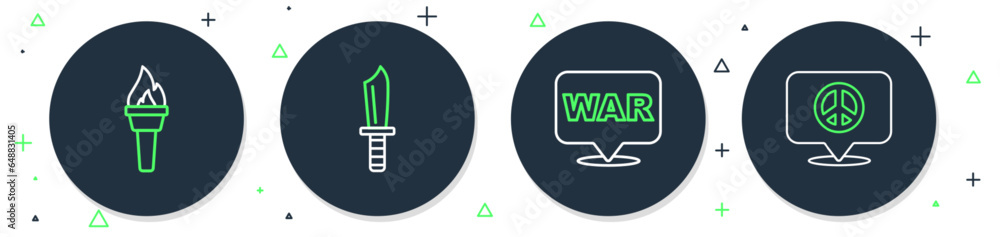 Set line Military knife, The word war, Torch flame and Location peace icon. Vector Set line Military knife, The word war, Torch flame and Location peace icon. Vector