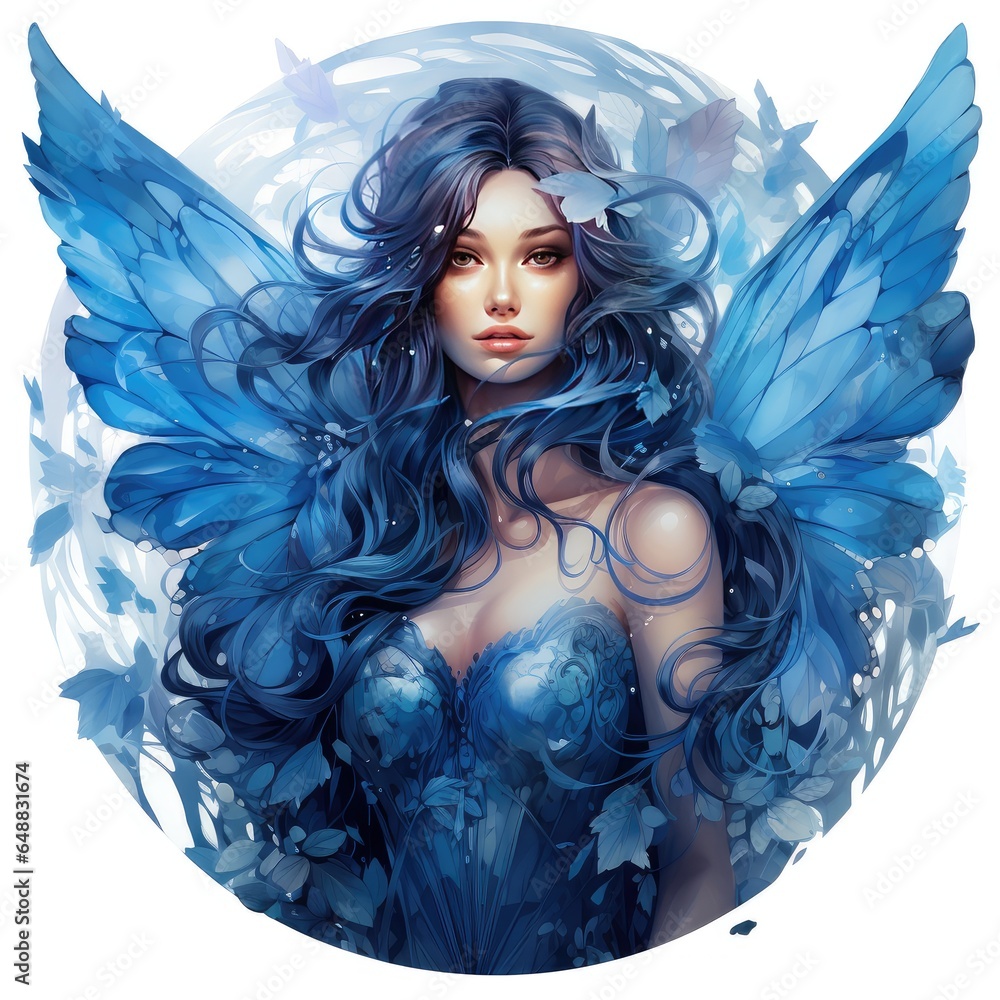 portrait of a girl with wings on a blue background