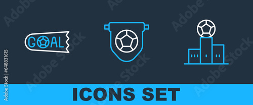 Set line Award over sports winner podium, Goal soccer football and Football flag pennant icon. Vector