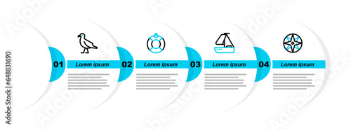 Set line Wind rose, Yacht sailboat, Lifebuoy and Bird seagull icon. Vector