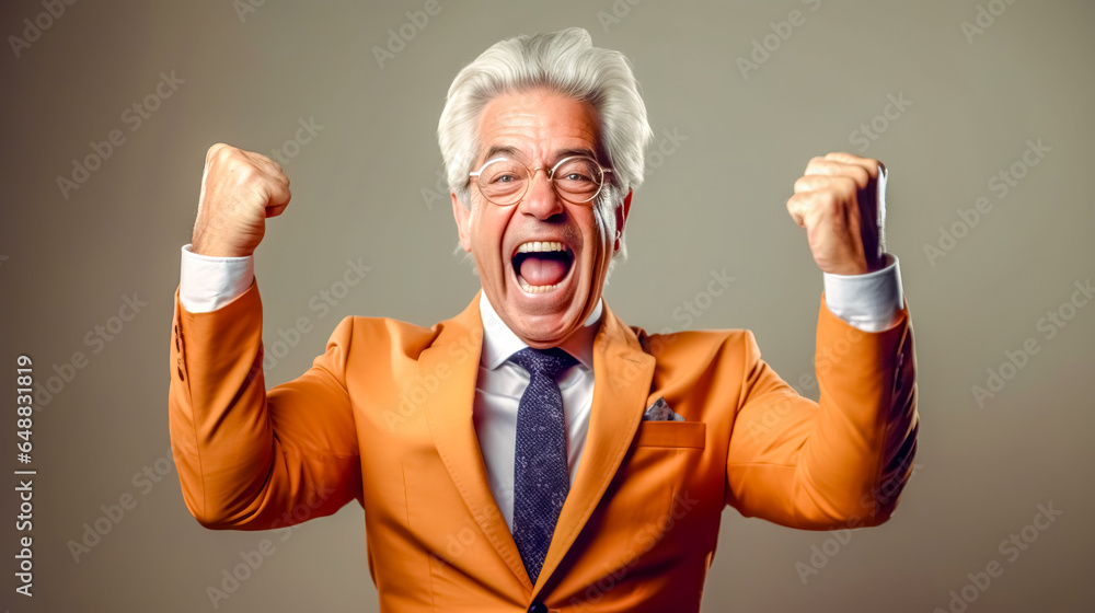 happy celebrating businessman in advanced age with gray hair with hands up