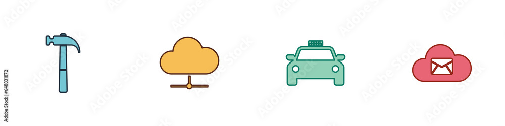 Obraz premium Set Hammer, Network cloud connection, Taxi car and Cloud mail server icon. Vector