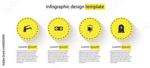 Set Water tap, Stereo speaker, IV bag and Tombstone with cross. Business infographic template. Vector