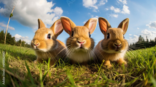 A group of funny rabbits on green grass close-up