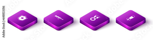 Set Isometric Police badge, Submachine gun, Military reward medal and Rocket launcher icon. Vector