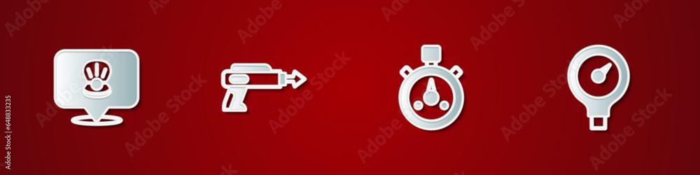 Set Scallop sea shell, Fishing harpoon, Stopwatch and Gauge scale icon. Vector Set Scallop sea shell, Fishing harpoon, Stopwatch and Gauge scale icon. Vector