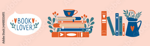 Set of cute clip arts with stack of books, dialog bubble, cup of coffee or tea, jug with plants, leaves, berries. Stickers for book festival. Book lover concept. Modern flat vector illustrations.