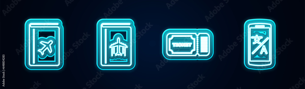 Set line Cover book travel guide, , Ticket and Online translator. Glowing neon icon. Vector Set line Cover book travel guide, , Ticket and Online translator. Glowing neon icon. Vector