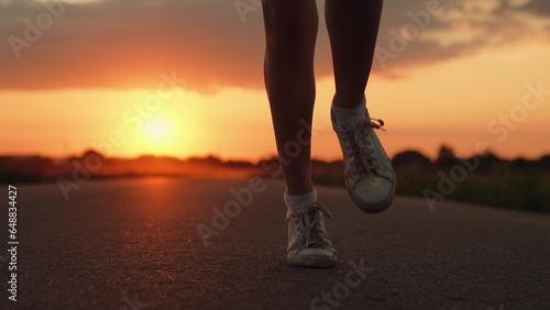 Running after sun. Training jogging. Beautiful girl doing fitness, jogging on road in sun. Jogger girl breathes fresh air in nature. Free young woman runs in summer park, sunset. Jogging outside city