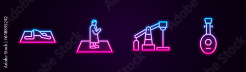 Set line Muslim man prays, , Oil pump or pump jack and Lute. Glowing neon icon. Vector