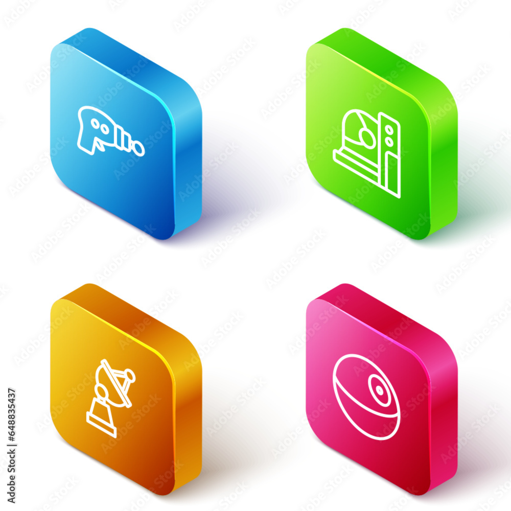 Set Isometric line Ray gun, Astronaut helmet, Satellite dish and Planet icon. Vector Set Isometric line Ray gun, Astronaut helmet, Satellite dish and Planet icon. Vector