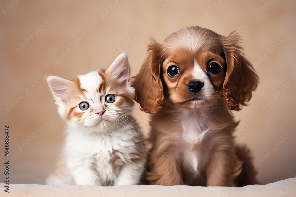 Portrait of very cute kitty and puppy side by side, AI generated Portrait of very cute kitty and puppy side by side, AI generated