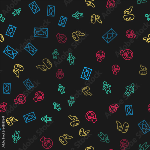 Set line Envelope with heart, Volunteer, Donation food and Heart animals footprint on seamless pattern. Vector