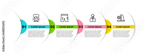 Set line Soccer football ball, Shorts for playing, Football soccer commentator and goal with. Business infographic template. Vector