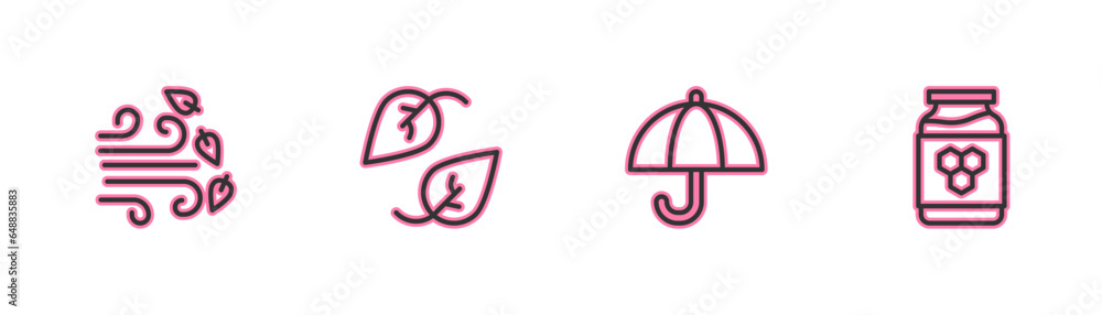 Set line Windy weather, Umbrella, Leaf and Jar of honey icon. Vector Set line Windy weather, Umbrella, Leaf and Jar of honey icon. Vector