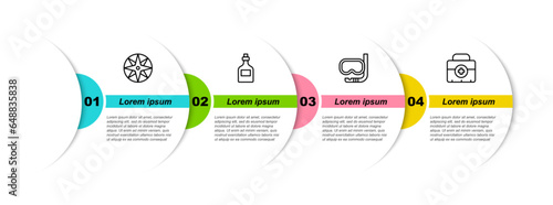 Set line Wind rose, Rum bottle, Diving mask and snorkel and First aid kit. Business infographic template. Vector
