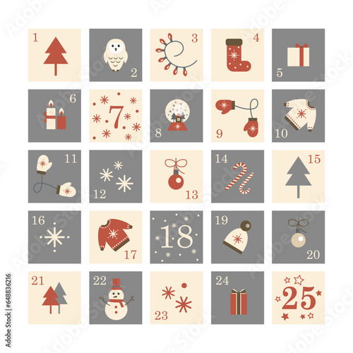 Winter Advent Сalendar. Christmas numbers. Vector templates for celebration placards.