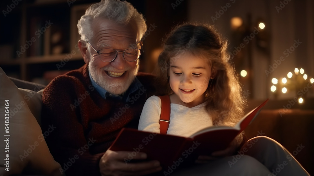 Cute little girl granddaughter reading book with positive senior grandfather.generative ai Cute little girl granddaughter reading book with positive senior grandfather.generative ai