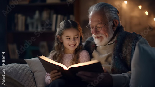 Cute little girl granddaughter reading book with positive senior grandfather.generative ai