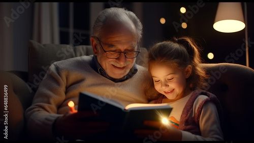 Cute little girl granddaughter reading book with positive senior grandfather Generative AI.