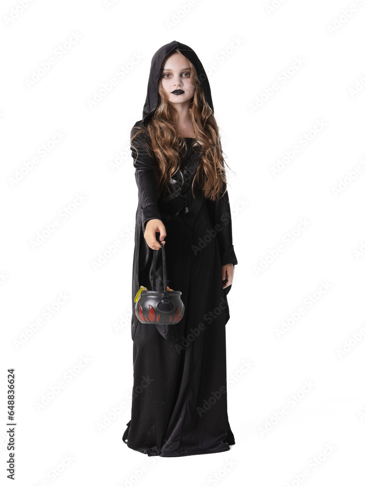 Halloween witch girl with cauldron of sweets Halloween witch girl with cauldron of sweets