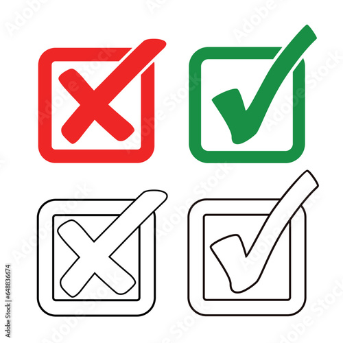 Green tick and red cross. Tick ​​and cross icon. True or false. Yes and no. Green tick and red cross lines