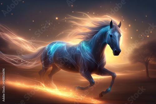 A horse running in the night, glowing with energy