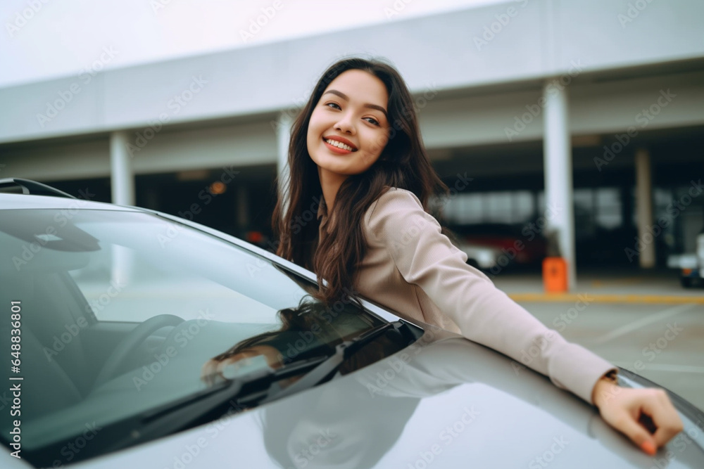 Young beautiful asian woman getting the new car, She hugged her car and was very happy, Buy or rent car concept