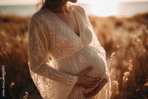 Pregnant woman hugging her belly at the beach, sunset, AI generated
