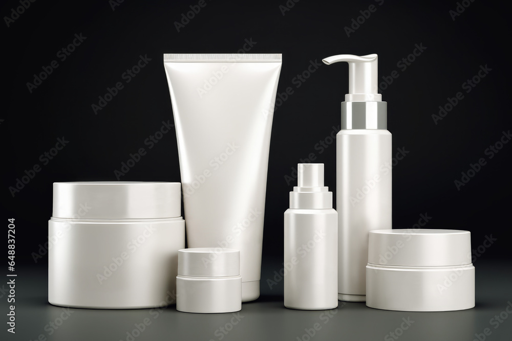 Set of White Cosmetic Face Moisturizing Creams and Lotions, Foam, Face Serum on dark background. Tube Hand cream, hair mask, lotion, BB, CC cream makeup. Set of White Cosmetic Face Moisturizing Creams and Lotions, Foam, Face Serum on dark background. Tube Hand cream, hair mask, lotion, BB, CC cream makeup.