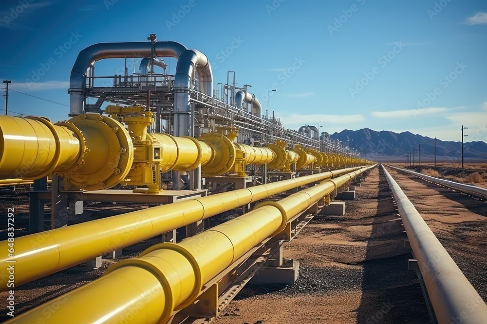 Yellow gas and oil pipelines stretching across open land Yellow gas and oil pipelines stretching across open land