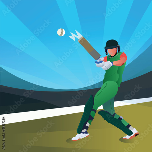 Illustration of a batsman playing cricket on the field in a colorful background.