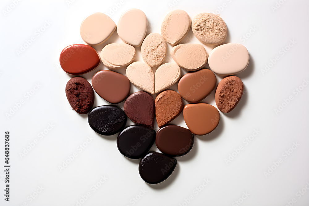 Shades of foundation in the shape of a heart in 3d style, generate AI. on a white background. Shades of foundation in the shape of a heart in 3d style, generate AI. on a white background.
