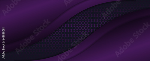 Dark gray abstract wide horizontal banner with carbon fiber grid of hexagons and purple glowing lines. Technology vector background with purple neon