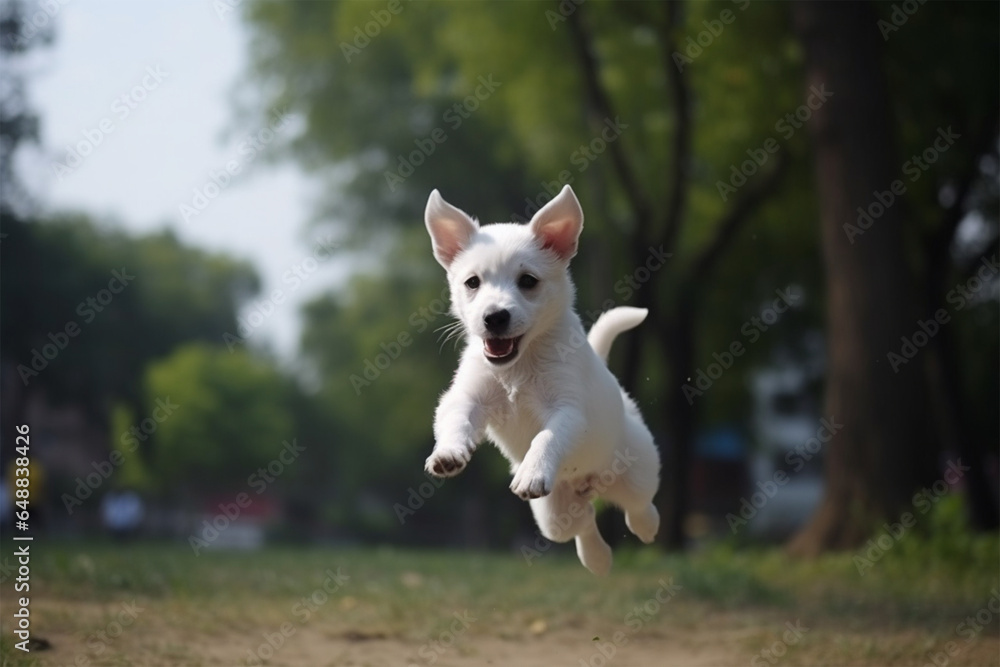 a cute white dog is jumping