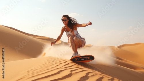 Leave safari close Dubai UAE Youthful lady sand boarding within the leave over the sand rises