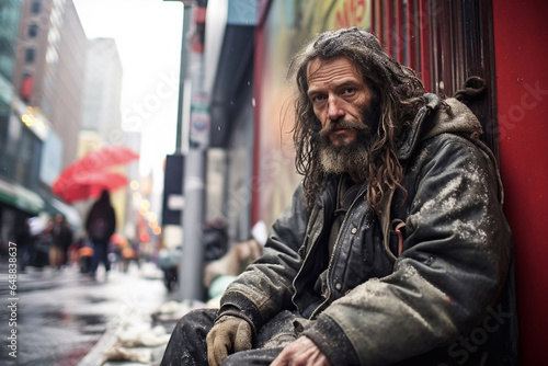 homeless man sitting on sidewalk in the city