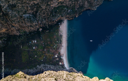 Vertical drone view of The Butterfly Valley in Oludeniz Fethiye Turkey