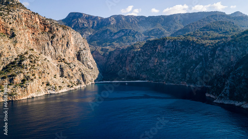 Drone view from the open waters of The Butterfly Valley in Oludeniz Fethiye Turkey 