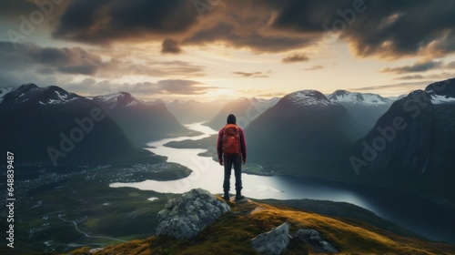 Man hiker climbing in mountains alone open air dynamic way of life travel experience excursions dusk Norway scene