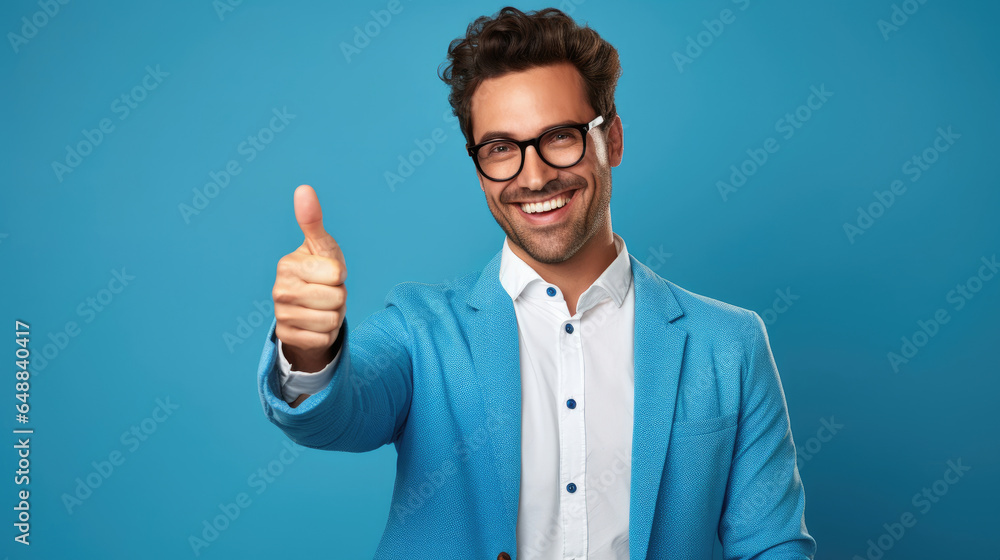 Cheerful young man in glasses giving thumbs up in studio with blue background. Cheerful young man in glasses giving thumbs up in studio with blue background.