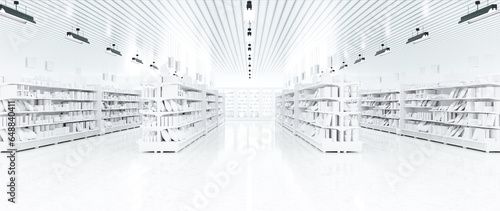 3D Rendering. Store interior supermarket with shelf shelves.