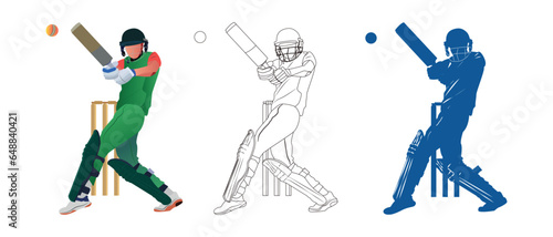 Set of a batsman playing cricket on the field illustration, line art, and silhouette.