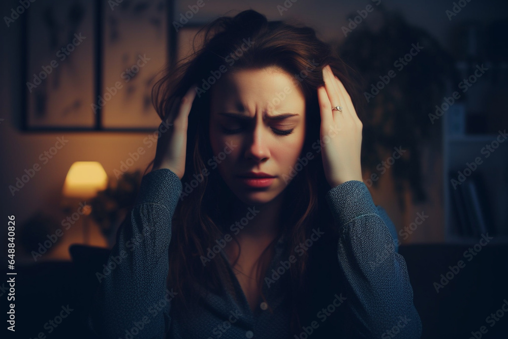 Stressed Woman Suffering a Migraine at Night before Going to Sleep
