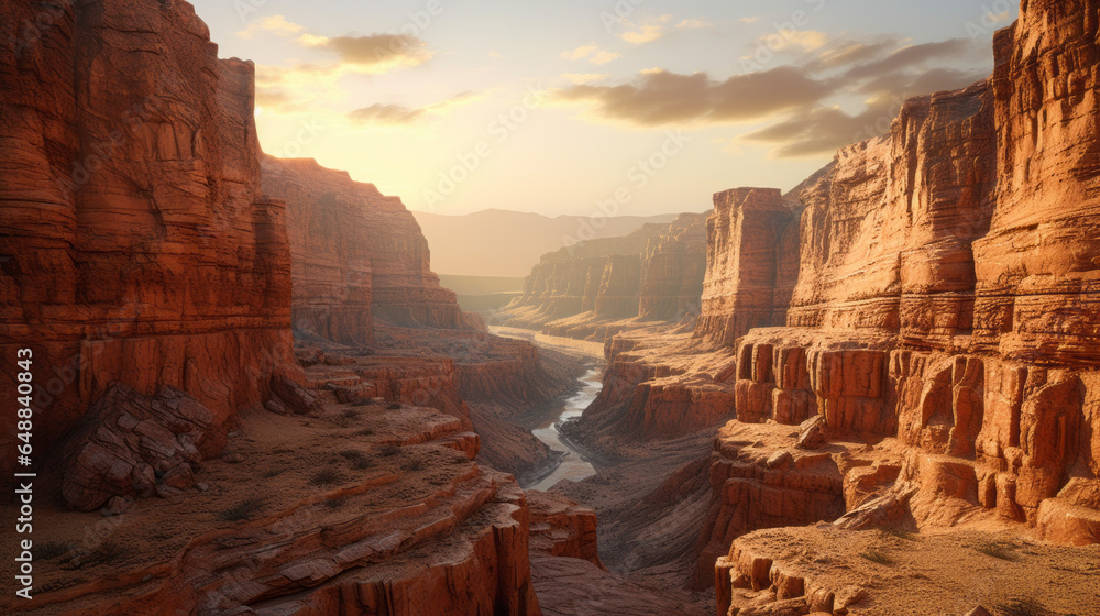 A breathtaking canyon landscape is lit by the warm hues of the rising sun